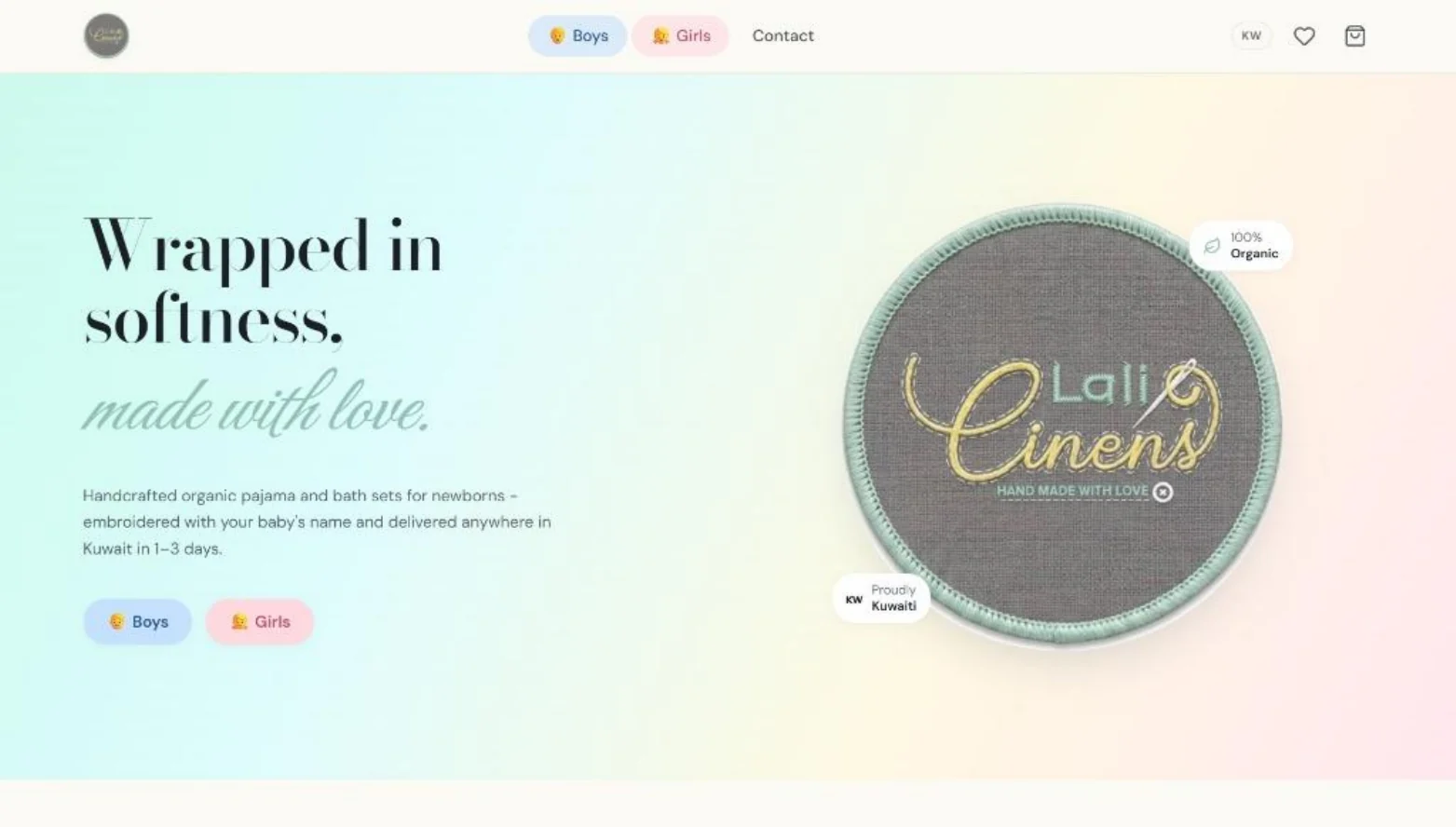 Lali Linens homepage with soft pastel baby linen branding