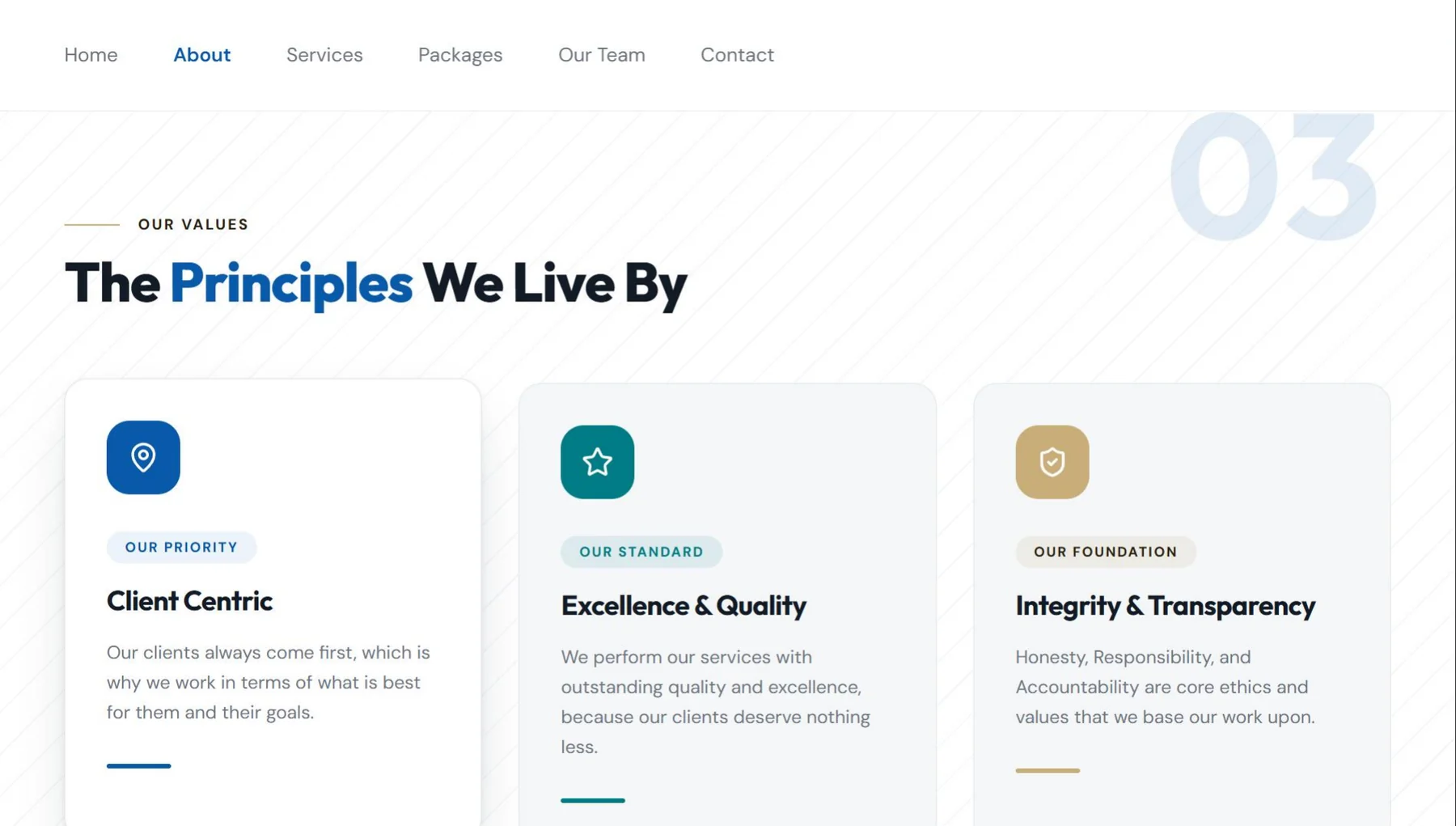 Milestone Consultancy principles section with three value cards