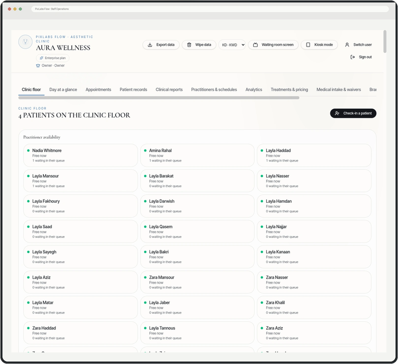 PixLabs Flow staff operations screen showing practitioner availability and the clinic floor