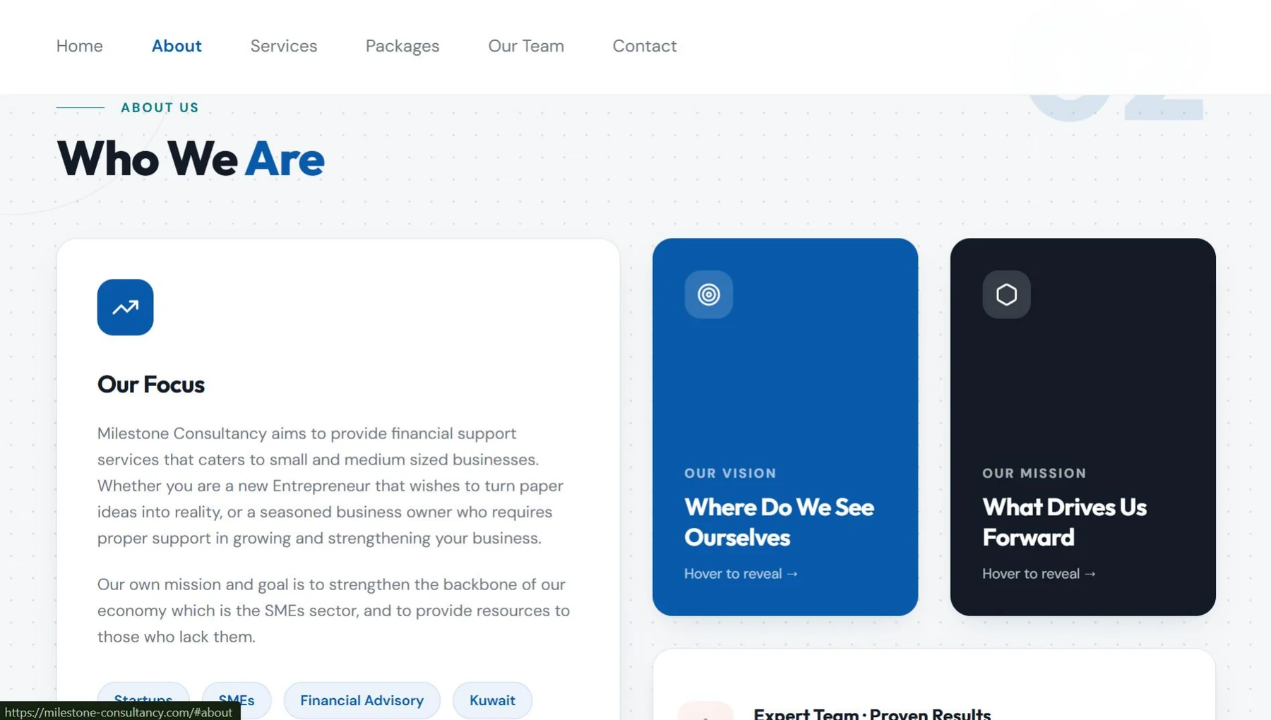 Milestone Consultancy about section with focus, vision, and mission cards