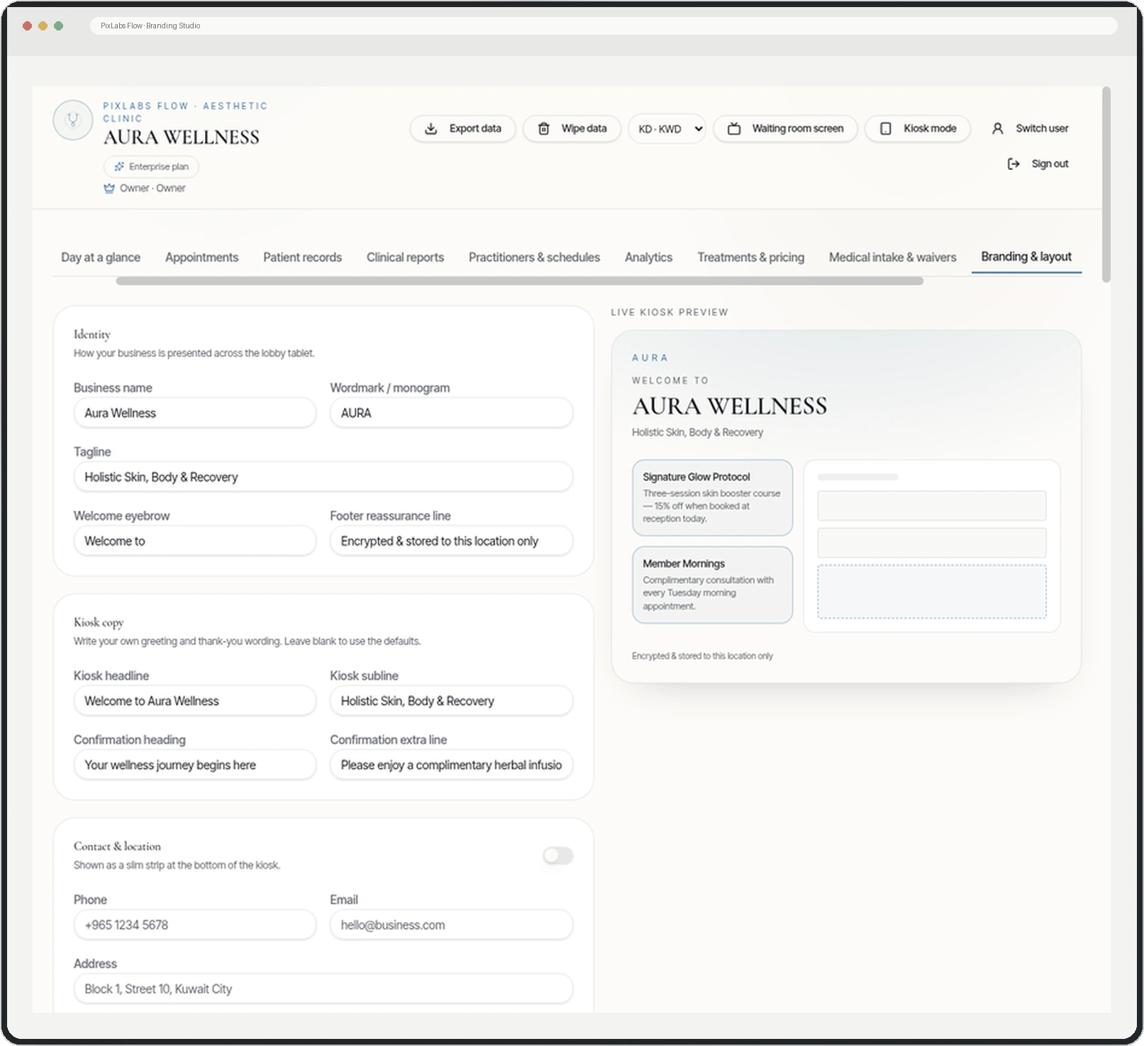 PixLabs Flow branding studio with live kiosk preview